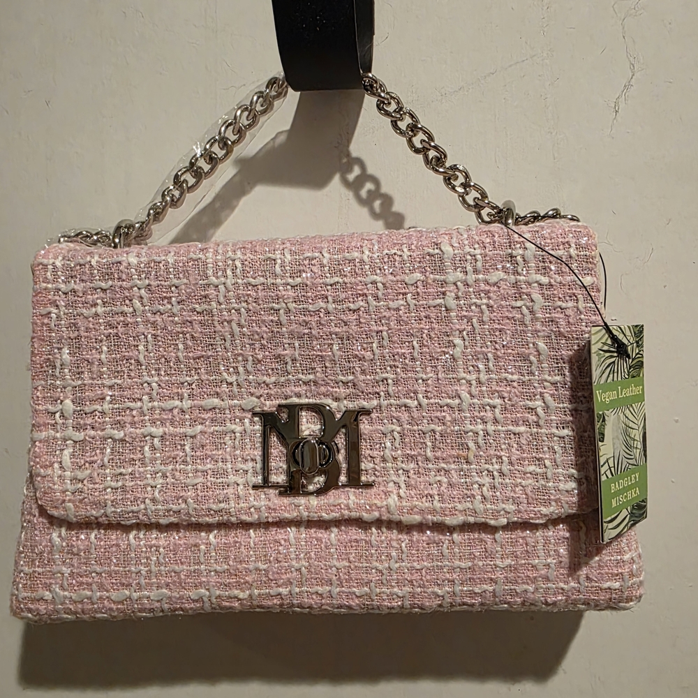 NWT Badgley Mischka Pink Tweed Shoulder Bag with Silver Chain